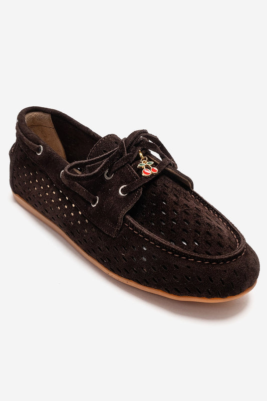 Stevo - Mocasín con cordones de piel genuina de ante marrón (Mujer)