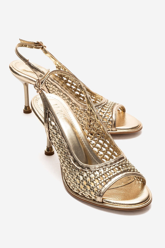 Bonito - Zapatilla de tacón de aguja de cuero sintético tejido dorado (Mujer)