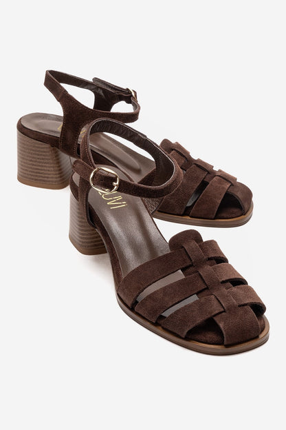 EVORA - Brown Genuine Suede Leather Block Heel Sandal (Women)