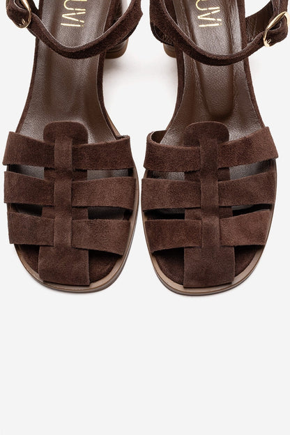 EVORA - Brown Genuine Suede Leather Block Heel Sandal (Women)