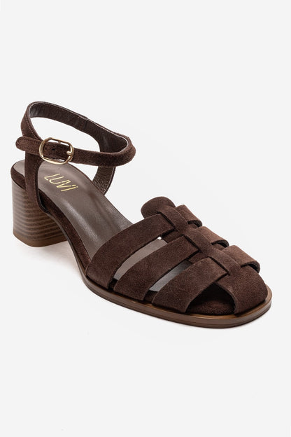 EVORA - Brown Genuine Suede Leather Block Heel Sandal (Women)