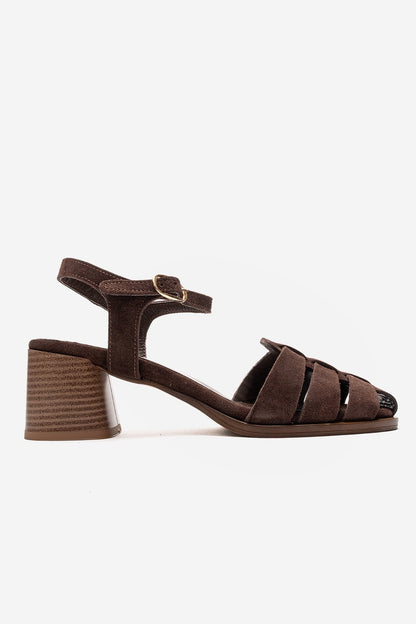 EVORA - Brown Genuine Suede Leather Block Heel Sandal (Women)