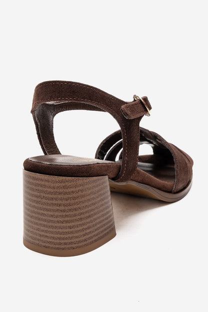 EVORA - Brown Genuine Suede Leather Block Heel Sandal (Women)