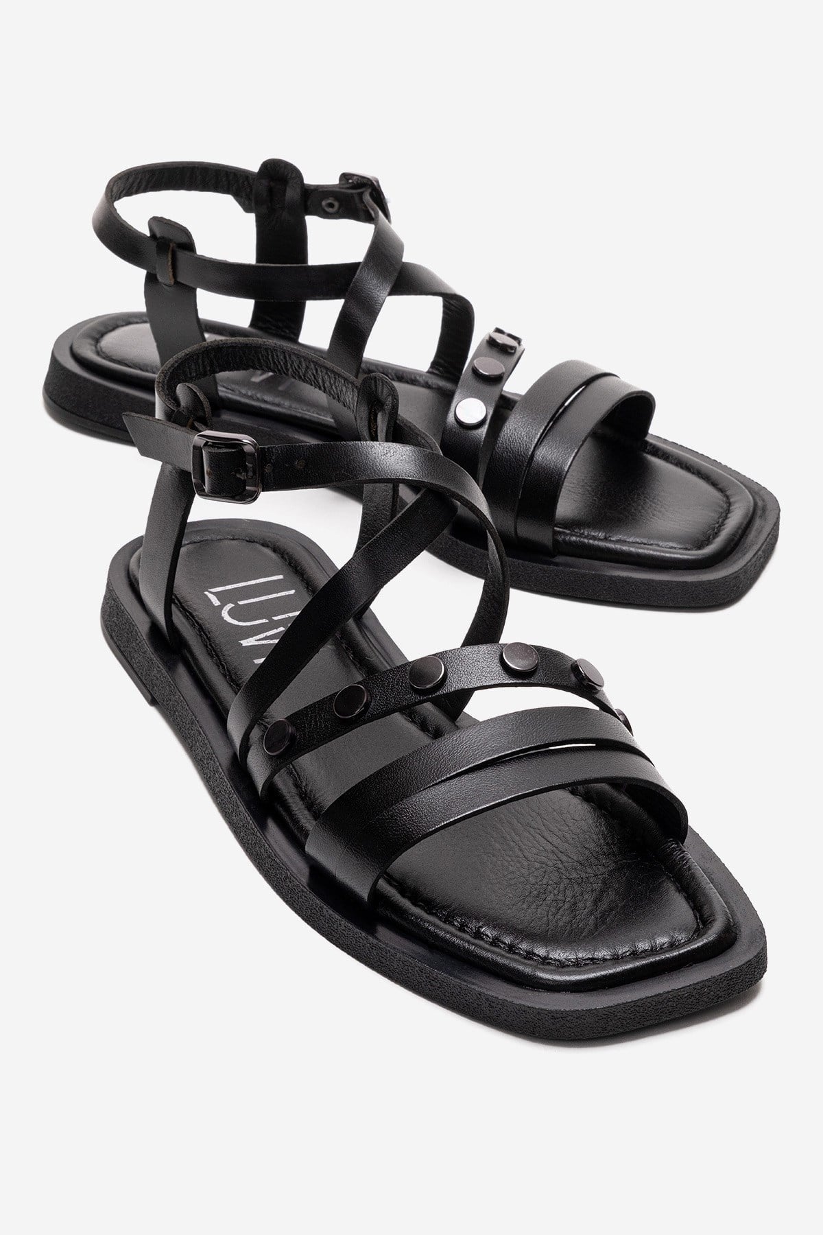 POOLE - Black Genuine Leather Multi-Strap Sandal (Women)