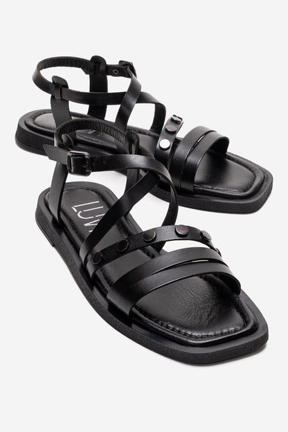 POOLE - Black Genuine Leather Multi-Strap Sandal (Women)