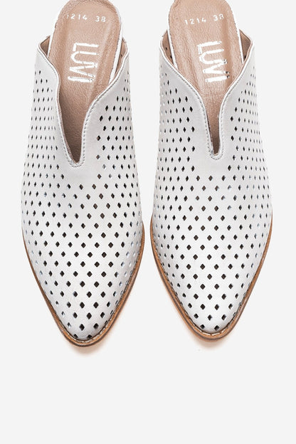 TOEN - Mules de tacón grueso de cuero genuino blancas (Mujer)