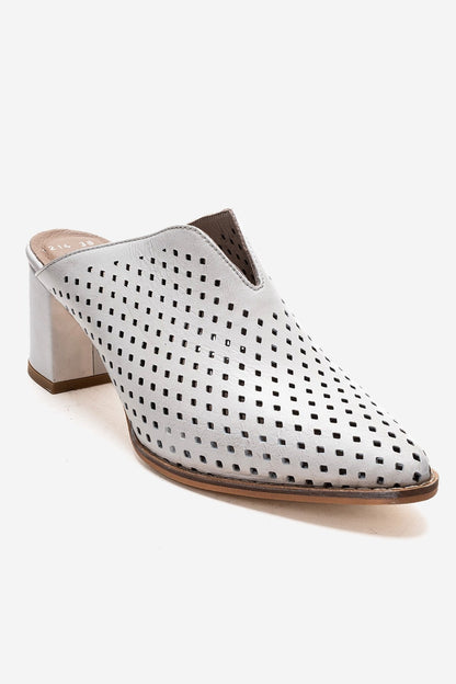 TOEN - Mules de tacón grueso de cuero genuino blancas (Mujer)