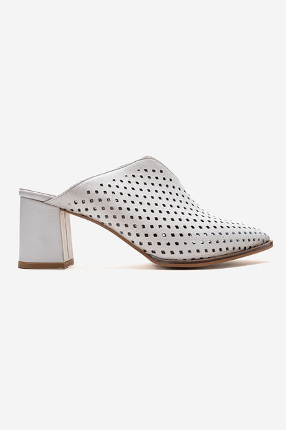 TOEN - Mules de tacón grueso de cuero genuino blancas (Mujer)