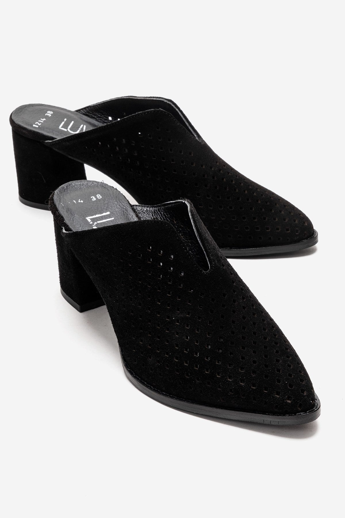 TOEN - Zueco de tacón cuadrado de cuero de ante auténtico negro (Mujer)