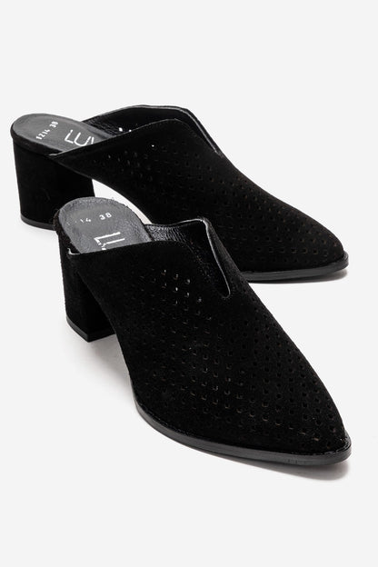 TOEN - Zueco de tacón cuadrado de cuero de ante auténtico negro (Mujer)