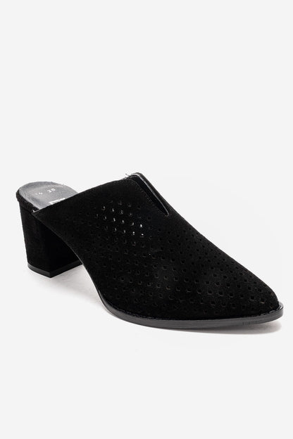 TOEN - Zueco de tacón cuadrado de cuero de ante auténtico negro (Mujer)