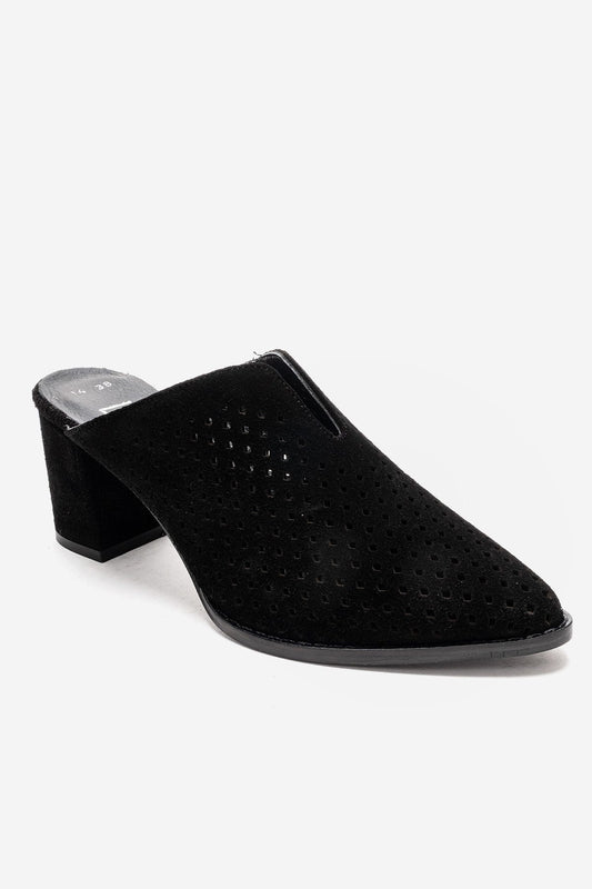 TOEN - Zueco de tacón cuadrado de cuero de ante auténtico negro (Mujer)