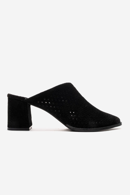 TOEN - Zueco de tacón cuadrado de cuero de ante auténtico negro (Mujer)