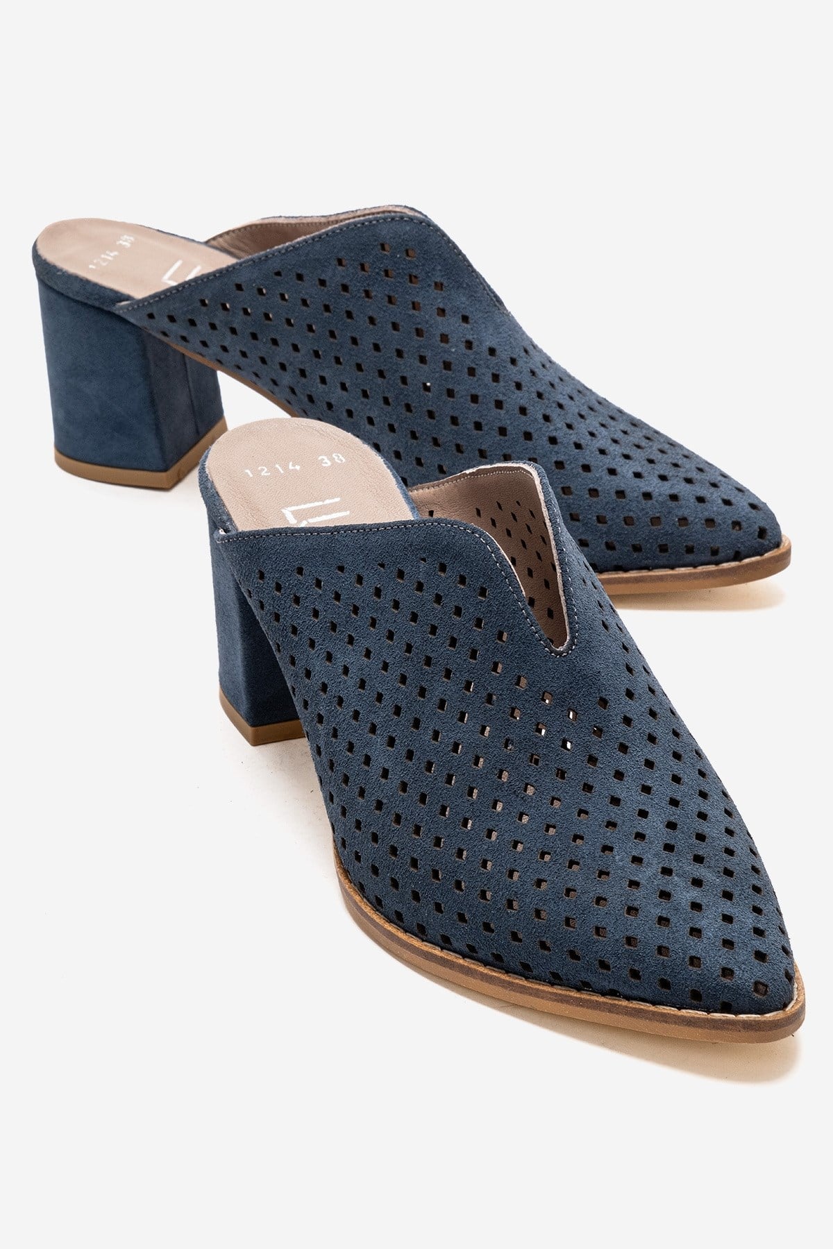 TOEN - Mules de tacón ancho de cuero genuino azul denim (Mujer)