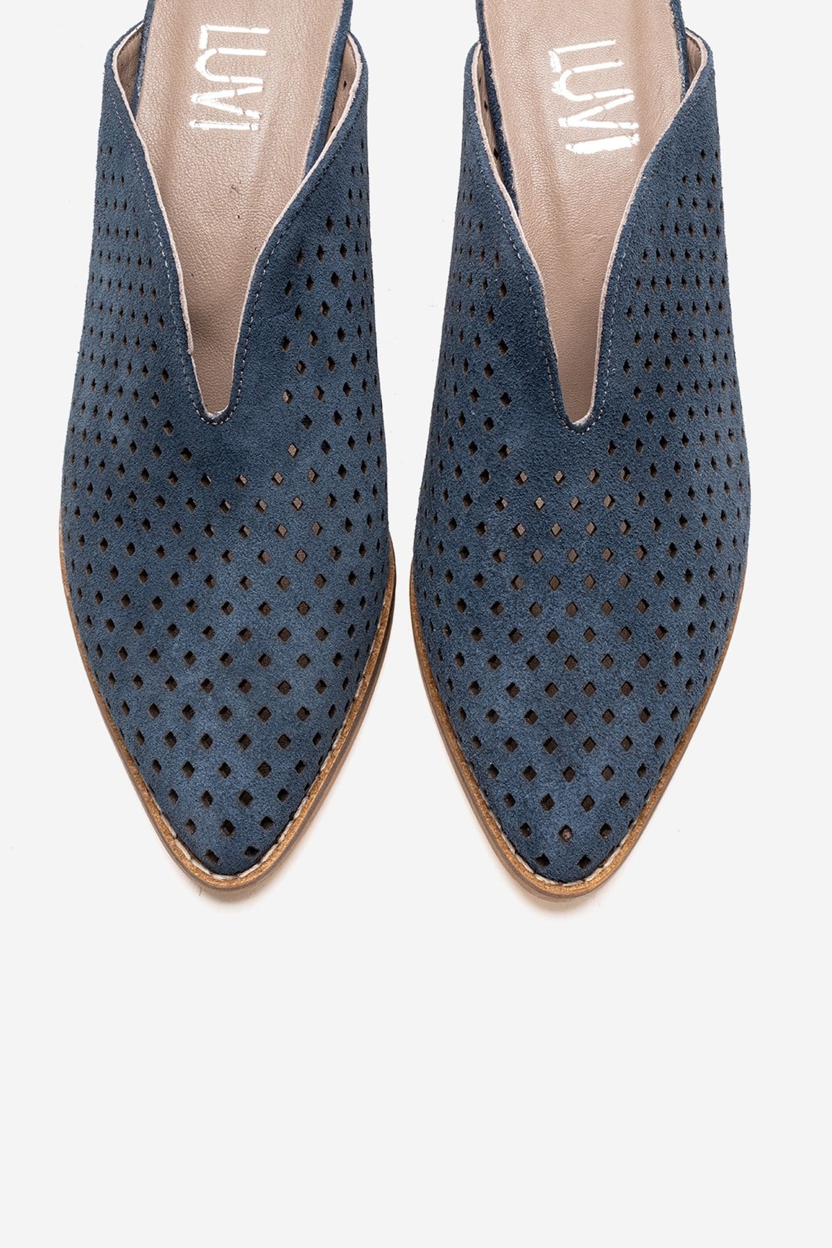 TOEN - Mules de tacón ancho de cuero genuino azul denim (Mujer)