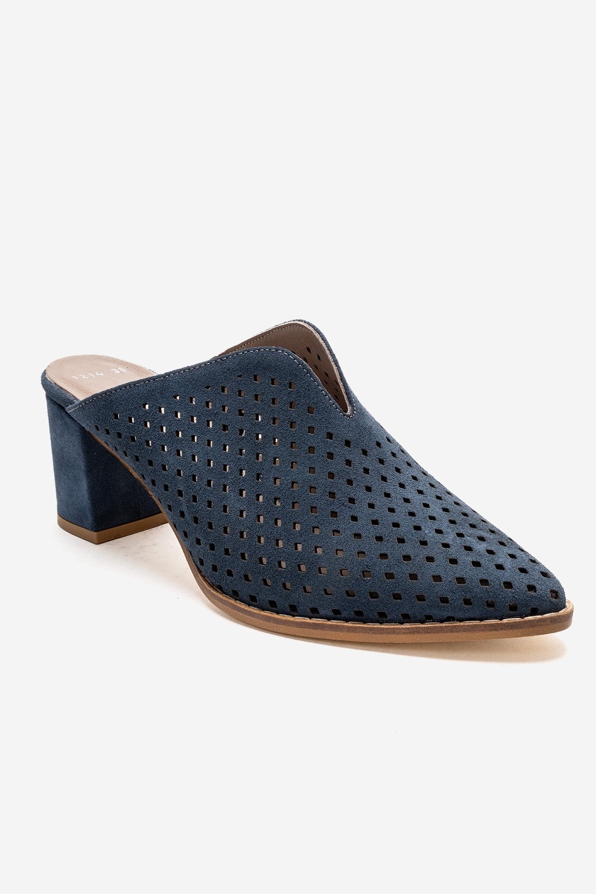 TOEN - Mules de tacón ancho de cuero genuino azul denim (Mujer)