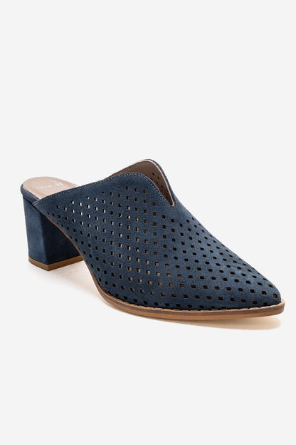 TOEN - Mules de tacón ancho de cuero genuino azul denim (Mujer)