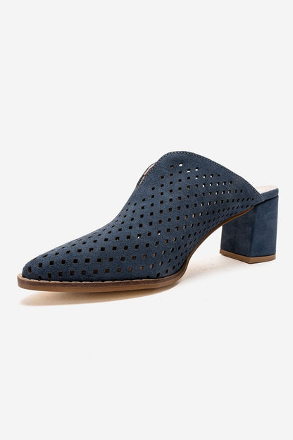 TOEN - Mules de tacón ancho de cuero genuino azul denim (Mujer)