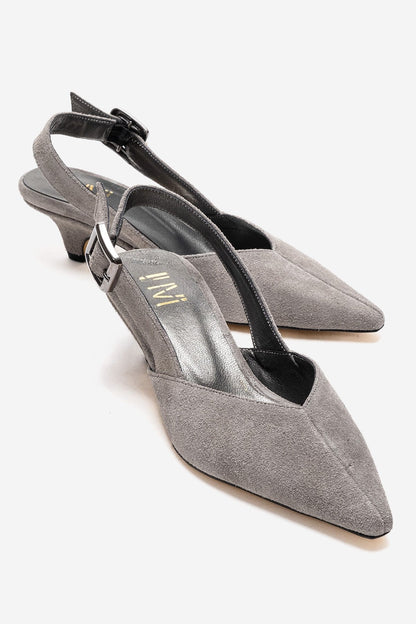 DIORIS - Zapatilla de tacón de gatito con punta y talón descubierto de cuero genuino gris (mujer)