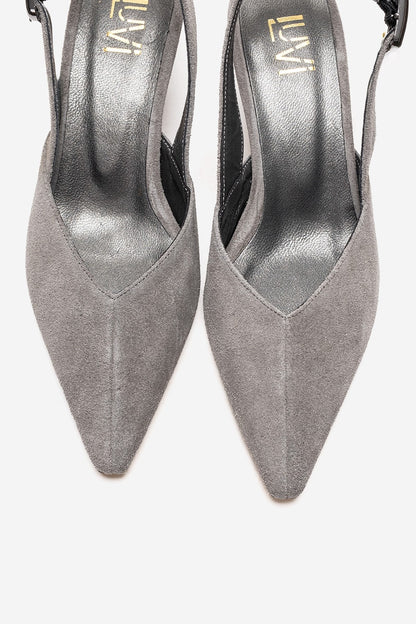 DIORIS - Zapatilla de tacón de gatito con punta y talón descubierto de cuero genuino gris (mujer)