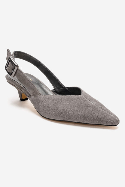 DIORIS - Zapatilla de tacón de gatito con punta y talón descubierto de cuero genuino gris (mujer)