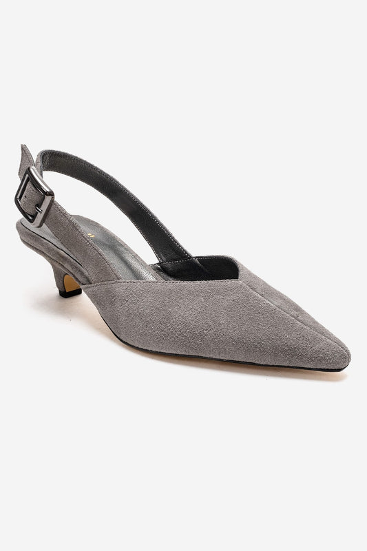 DIORIS - Zapatilla de tacón de gatito con punta y talón descubierto de cuero genuino gris (mujer)