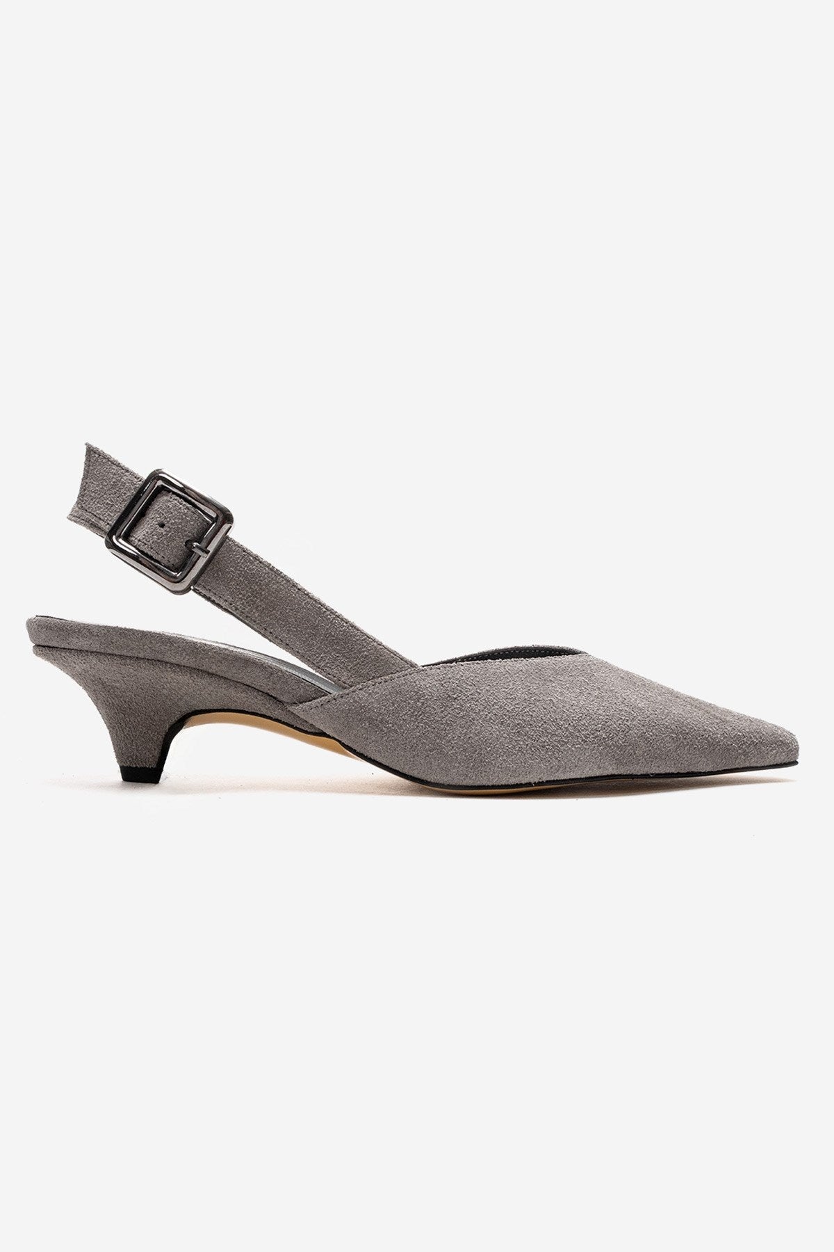 DIORIS - Zapatilla de tacón de gatito con punta y talón descubierto de cuero genuino gris (mujer)