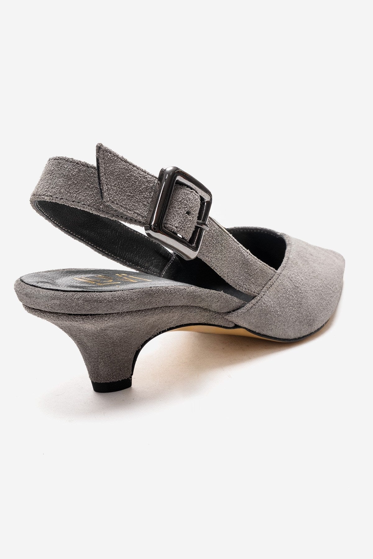 DIORIS - Zapatilla de tacón de gatito con punta y talón descubierto de cuero genuino gris (mujer)