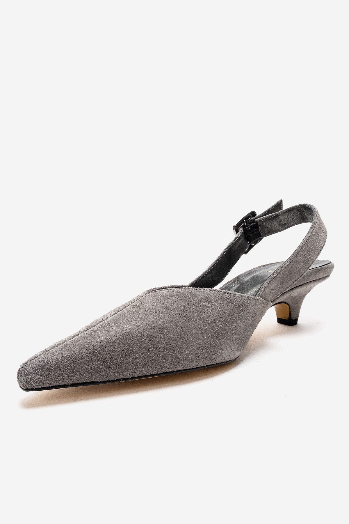 DIORIS - Zapatilla de tacón de gatito con punta y talón descubierto de cuero genuino gris (mujer)