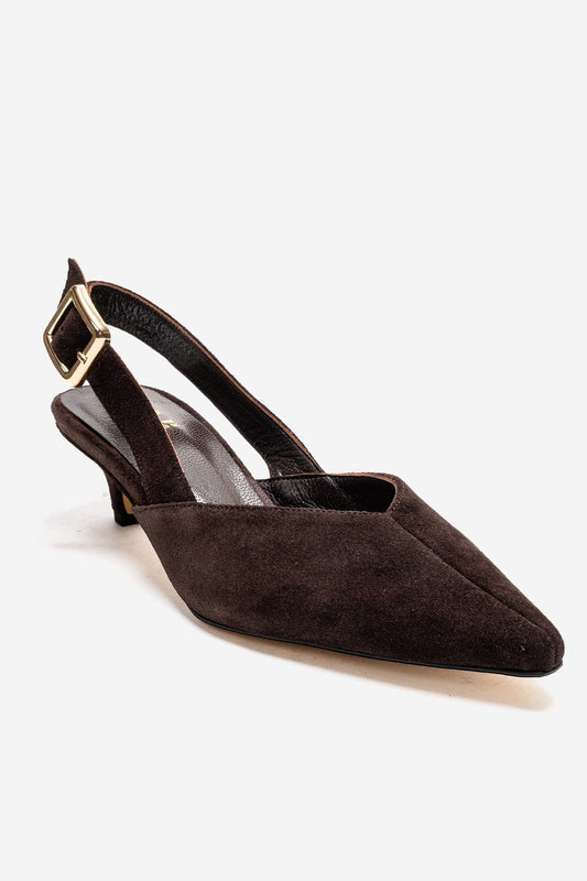 DIORIS - Zapatilla destalonada de piel auténtica marrón con tacón bajo y punta fina (Mujer)