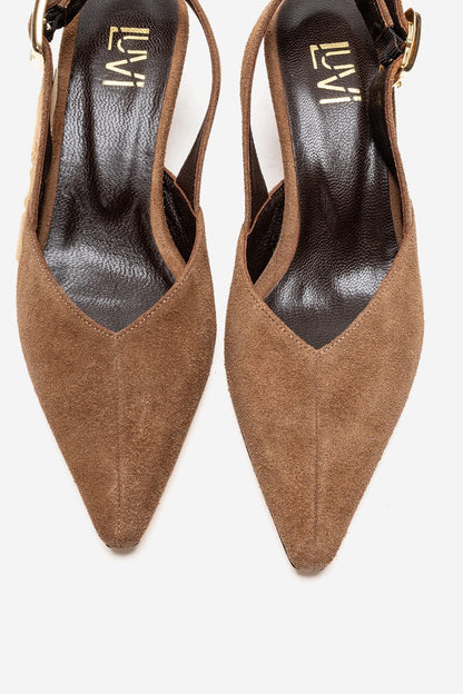 DIORIS - Camel Genuine Leather Slingback Kitten Heel Pointed Toe Pump (Women)
