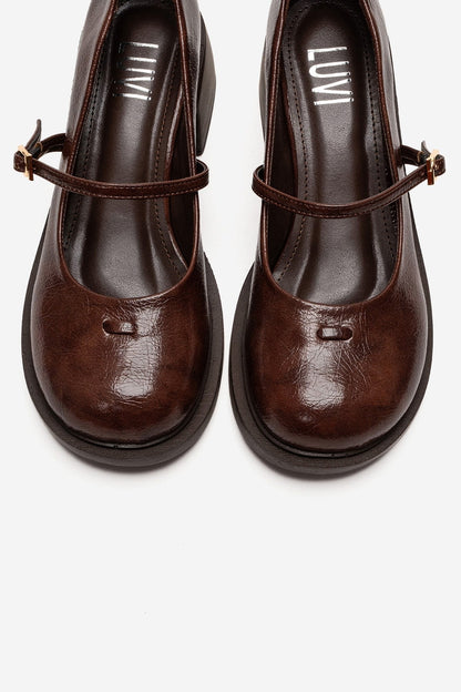 LUANDA - Cognac Genuine Leather Block Heel Mary Jane (Women)