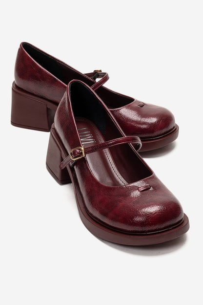 LUANDA - Burgundy Genuine Leather Block Heel Mary Jane (Women)