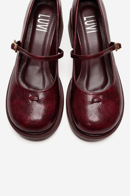 LUANDA - Burgundy Genuine Leather Block Heel Mary Jane (Women)
