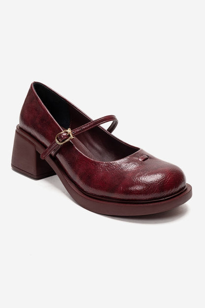 LUANDA - Burgundy Genuine Leather Block Heel Mary Jane (Women)