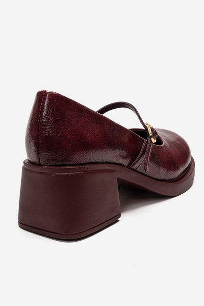 LUANDA - Burgundy Genuine Leather Block Heel Mary Jane (Women)