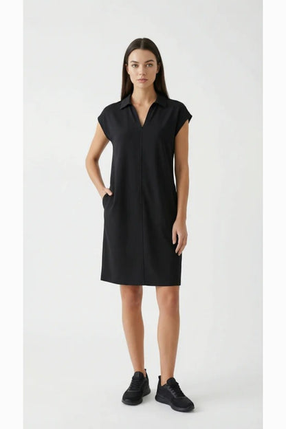 Vestido Relactive Wear-Mavien negro de mujer con cuello, manga corta y bolsillo