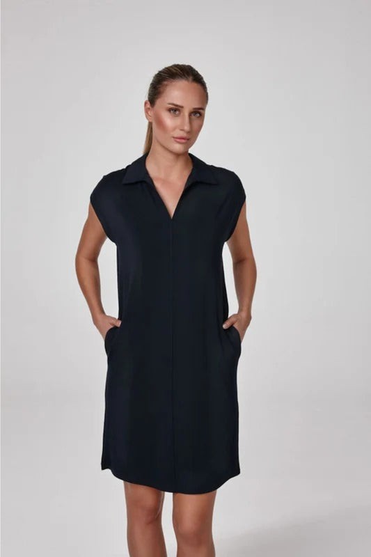 Vestido Relactive Wear-Mavien tipo camisa de manga corta con cuello y bolsillos para mujer, color azul marino