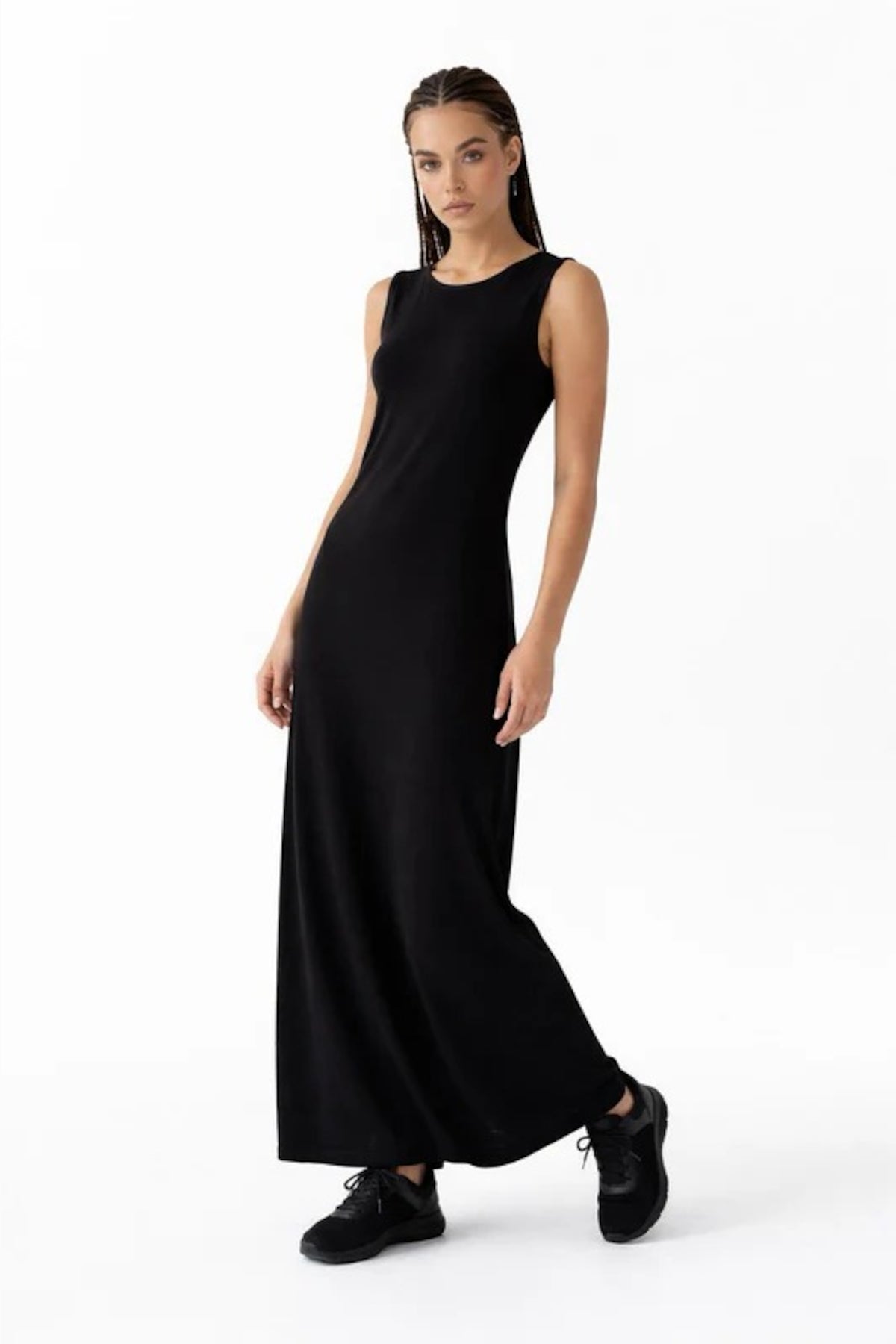 Relactive Wear-Kalie Women’s Black Thick-strap Boat Neck Modal Maxi Dress