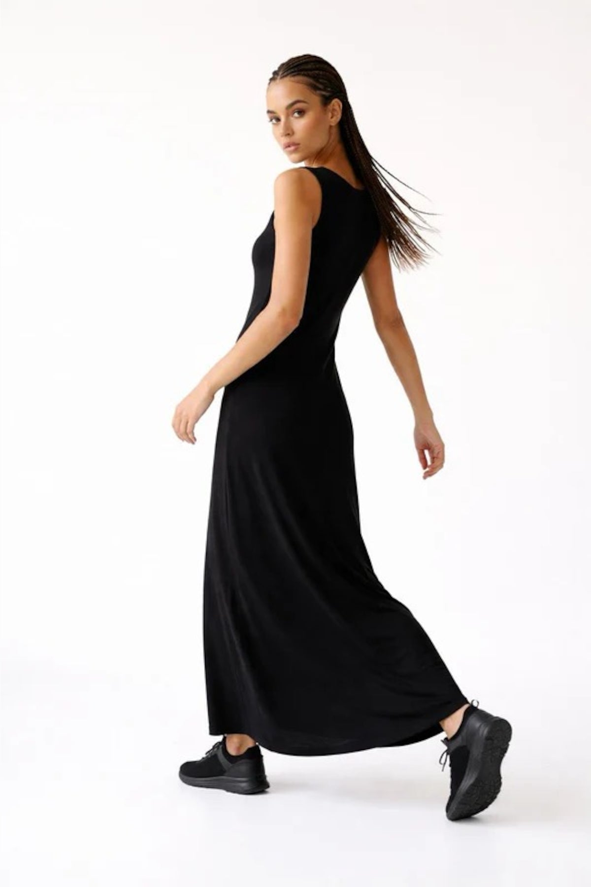 Relactive Wear-Kalie Women’s Black Thick-strap Boat Neck Modal Maxi Dress