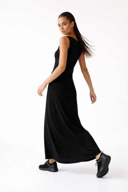 Relactive Wear-Kalie Women’s Black Thick-strap Boat Neck Modal Maxi Dress