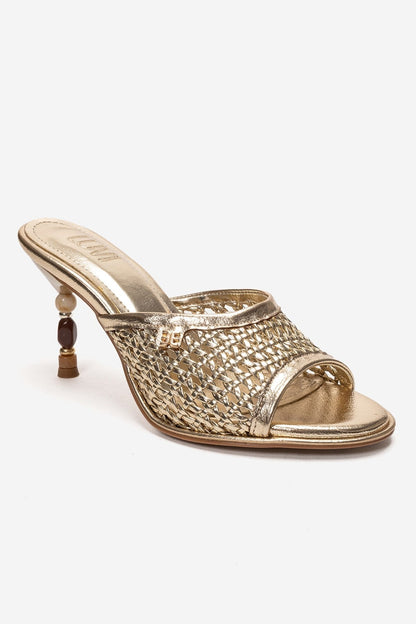 SELVIAN - Gold Woven Beaded Heel Open-Toe Slide (Women)