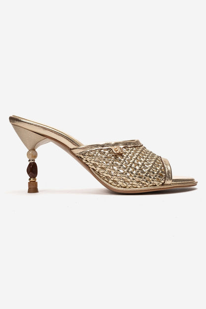 SELVIAN - Gold Woven Beaded Heel Open-Toe Slide (Women)