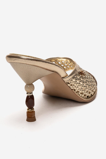 SELVIAN - Gold Woven Beaded Heel Open-Toe Slide (Women)