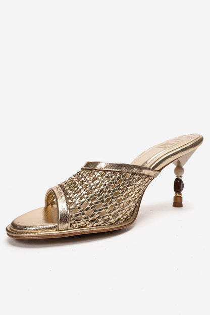 SELVIAN - Gold Woven Beaded Heel Open-Toe Slide (Women)