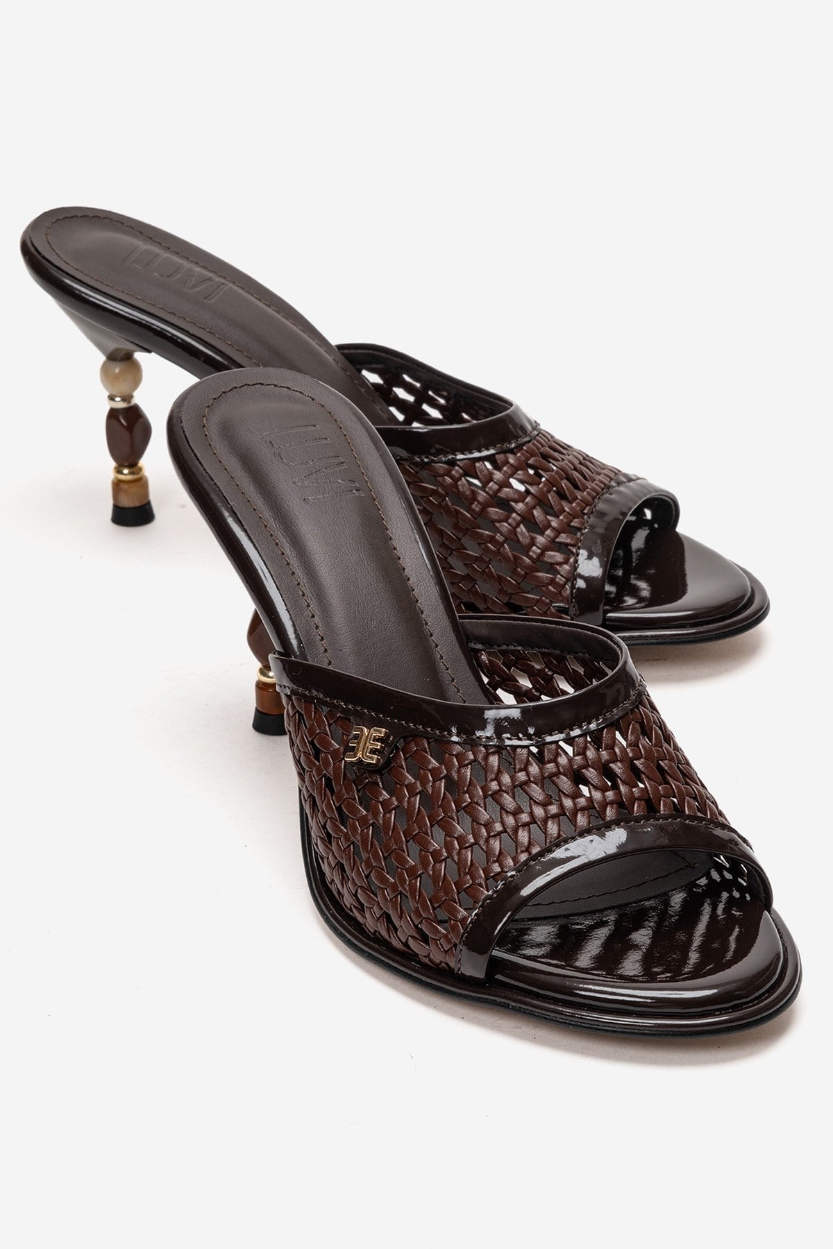 SELVIAN - Brown Woven Beaded Heel Open-Toe Slide (Women)