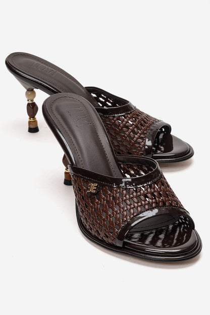 SELVIAN - Brown Woven Beaded Heel Open-Toe Slide (Women)