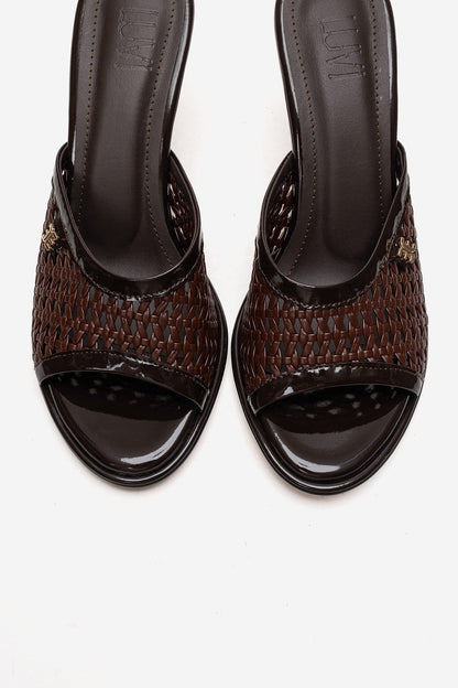 SELVIAN - Brown Woven Beaded Heel Open-Toe Slide (Women)