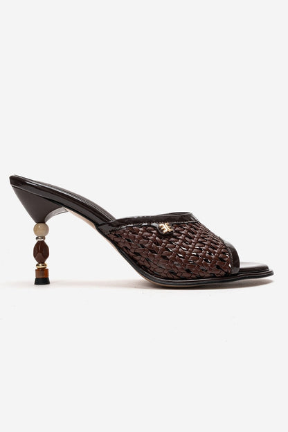 SELVIAN - Brown Woven Beaded Heel Open-Toe Slide (Women)