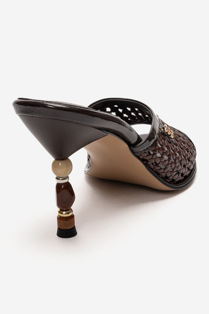 SELVIAN - Brown Woven Beaded Heel Open-Toe Slide (Women)